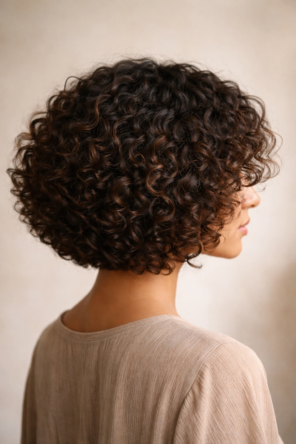 Curly bob silhouette with crown shrinkage and rounded silhouette