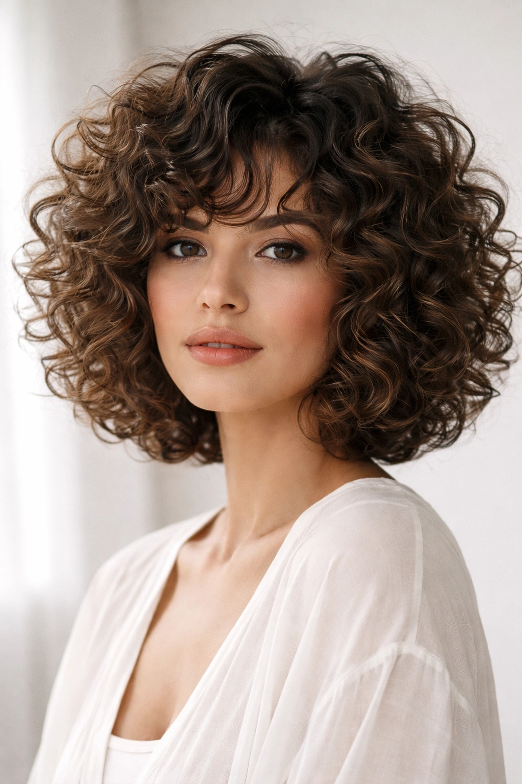 Front view of a curly bob with layered curls and high crown volume