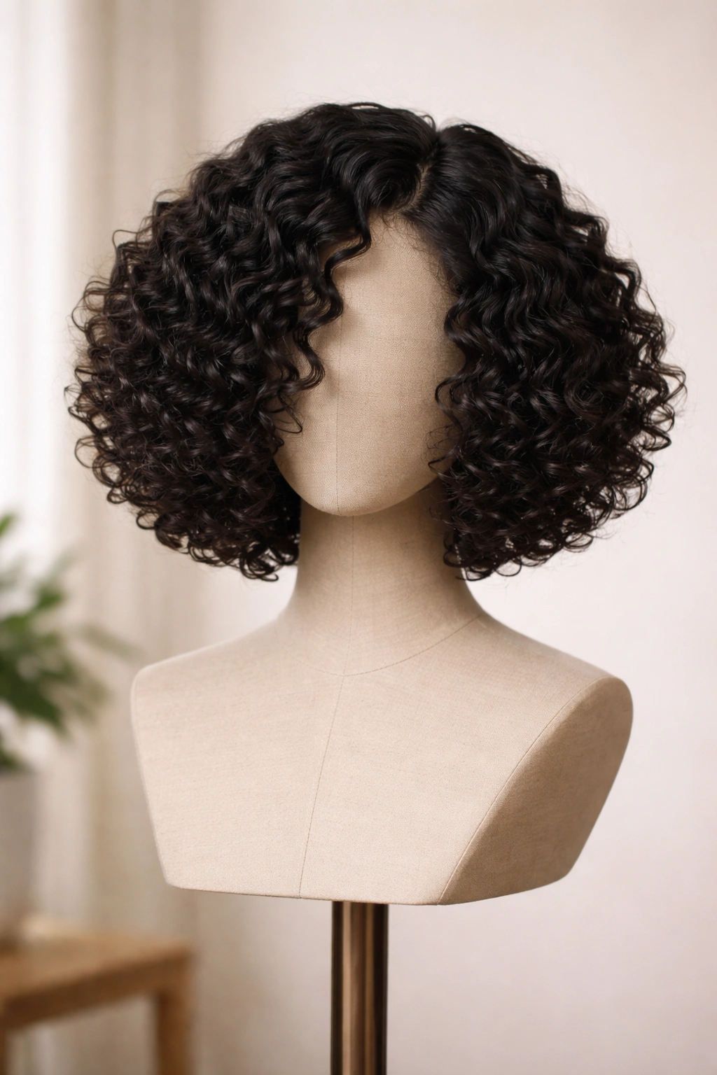 Chin-length curly bob wig with tight spirals on display