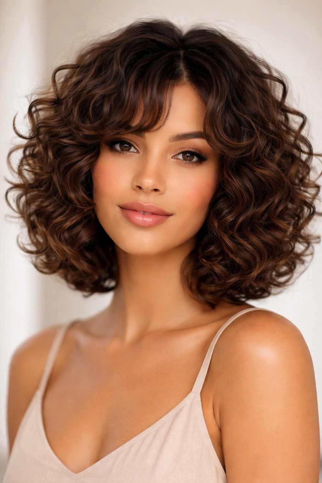 Shoulder-length curly bob wig with layered curls framing the face.