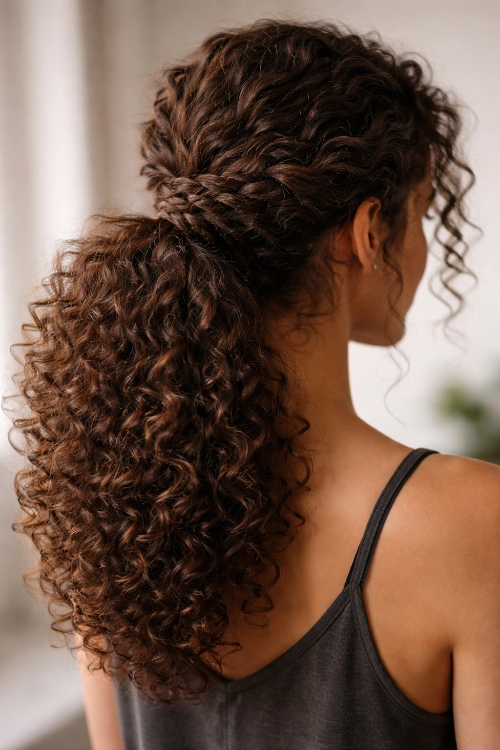 Loose three-strand braid at the base of a curly ponytail showing texture