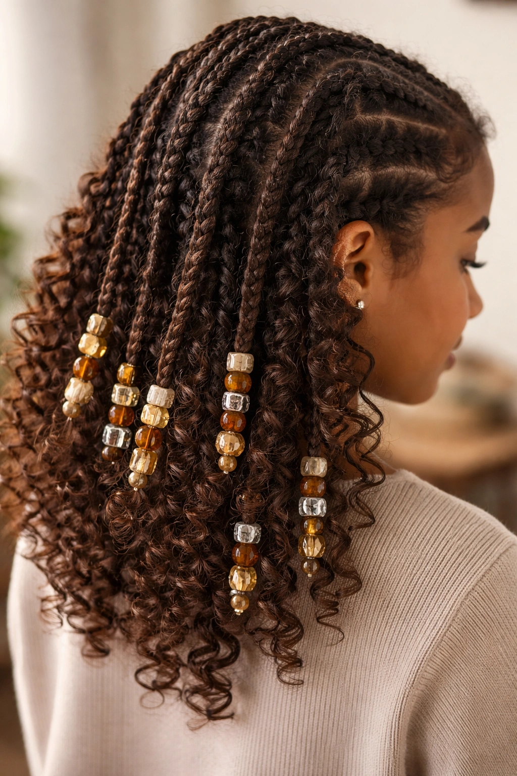Curly braids with beads at the ends on curly hair