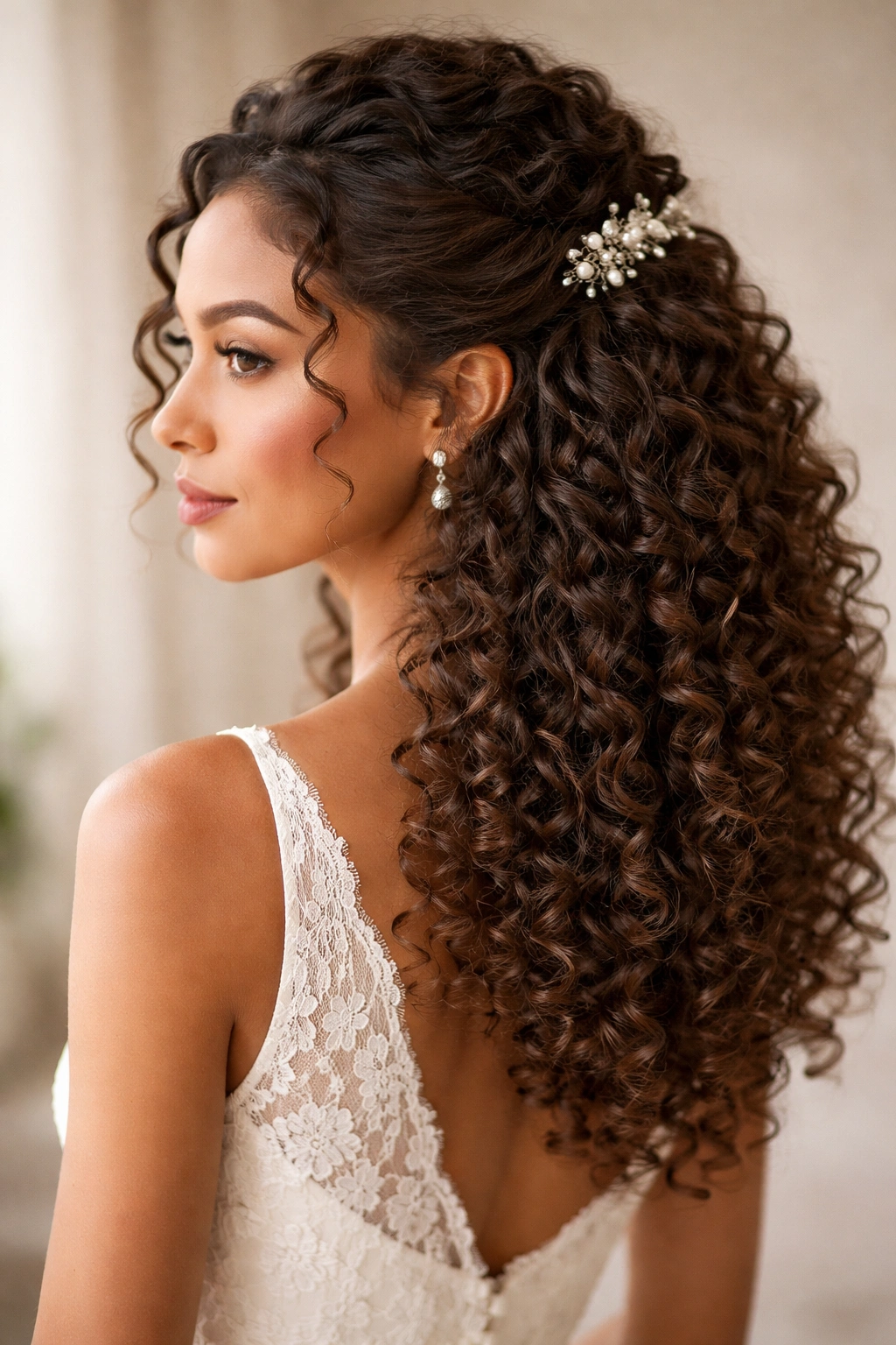 Close-up of romantic half-up half-down curly bridal hairstyle