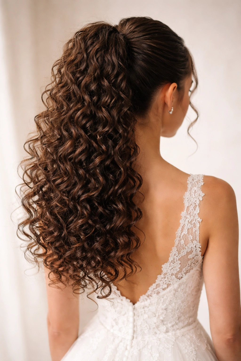 Back view of a high curly ponytail with flowing ringlets