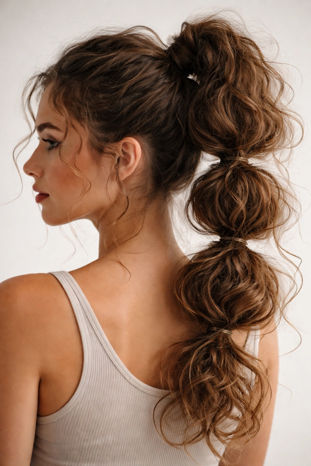 Curly bubble ponytail with flyaways and stacked elastics