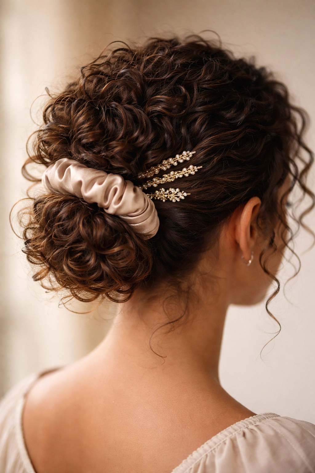 Close-up of a curly bun with satin scrunchie and decorative pins