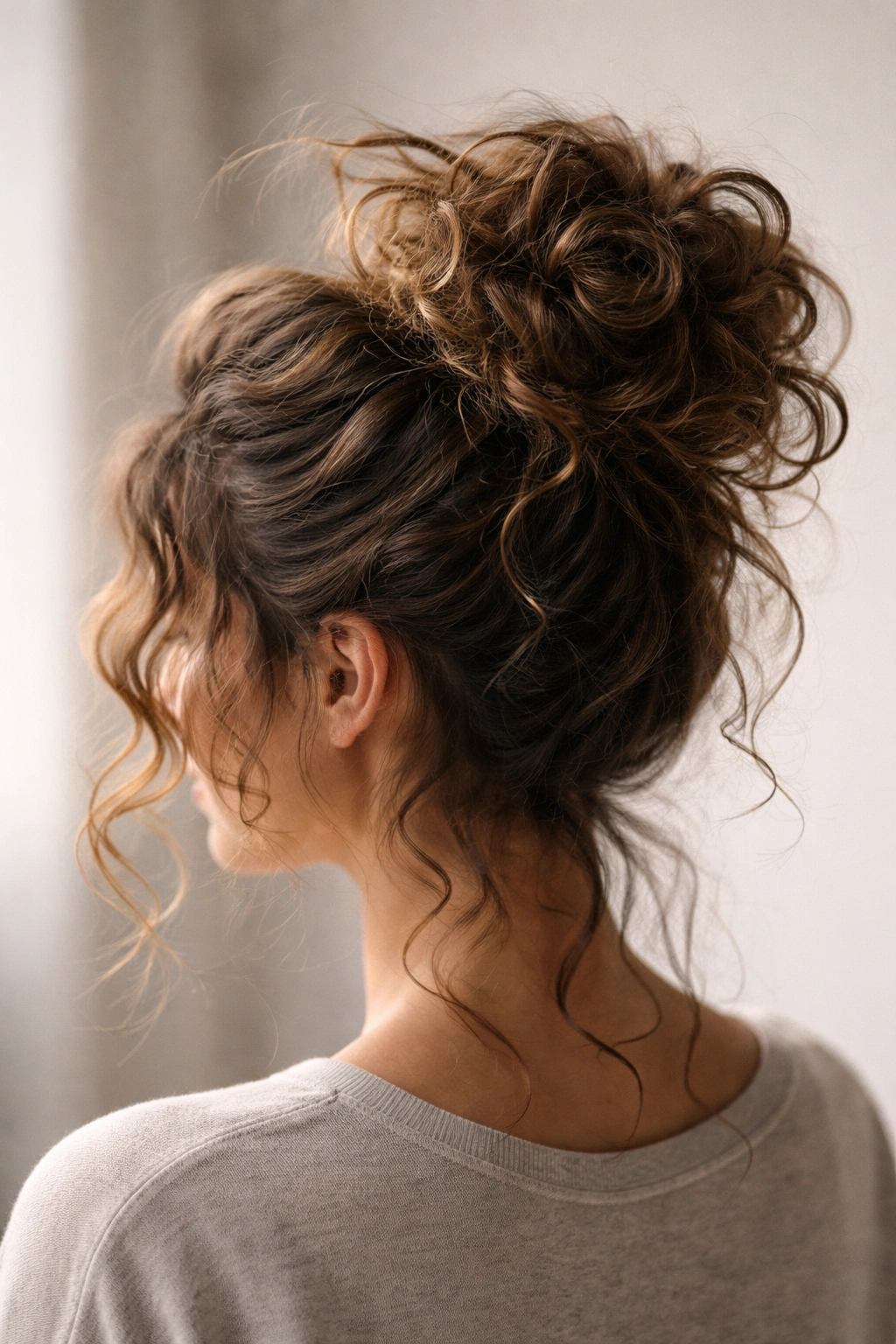 Messy curly bun with textured coils and loose curls escaping