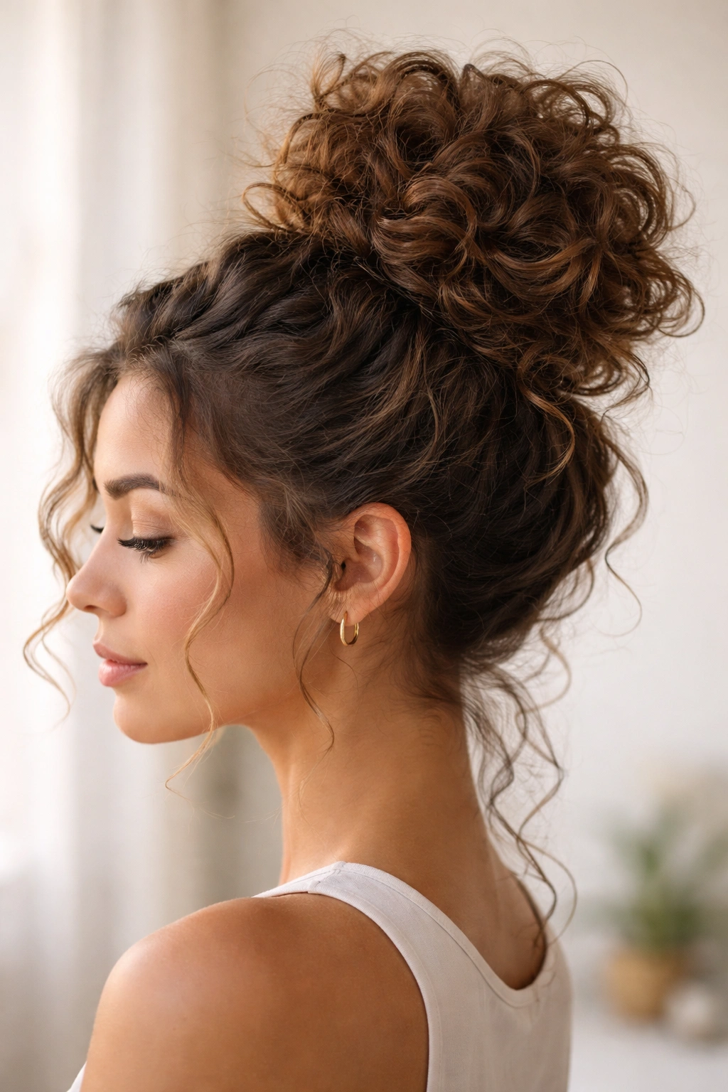 Close-up side view of a high curly bun at the crown with loose twists and textured curls