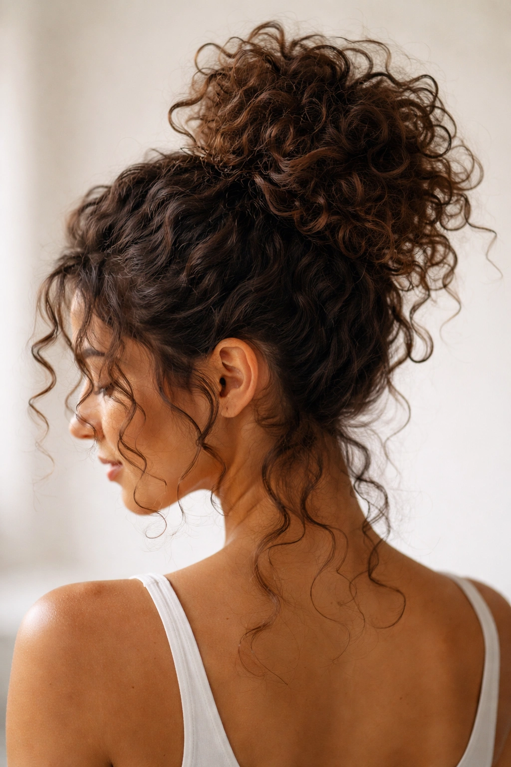 Close-up of a crown-height curly bun with voluminous texture and loose curls