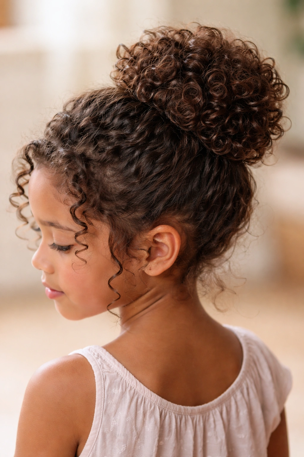 Curly bun on a child's head showing defined curls around and within the bun
