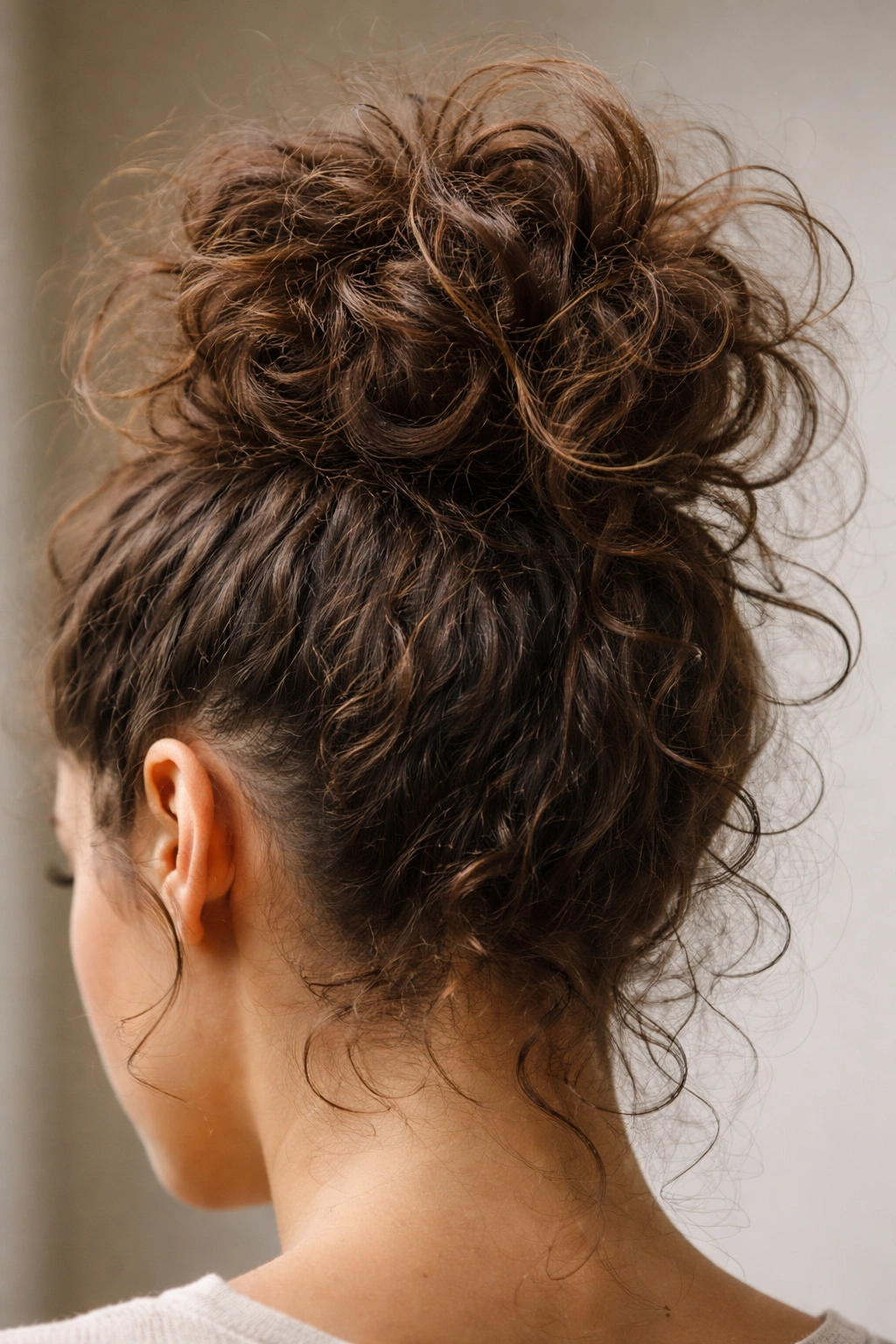 Close-up of a curly bun showing frizz and uneven texture