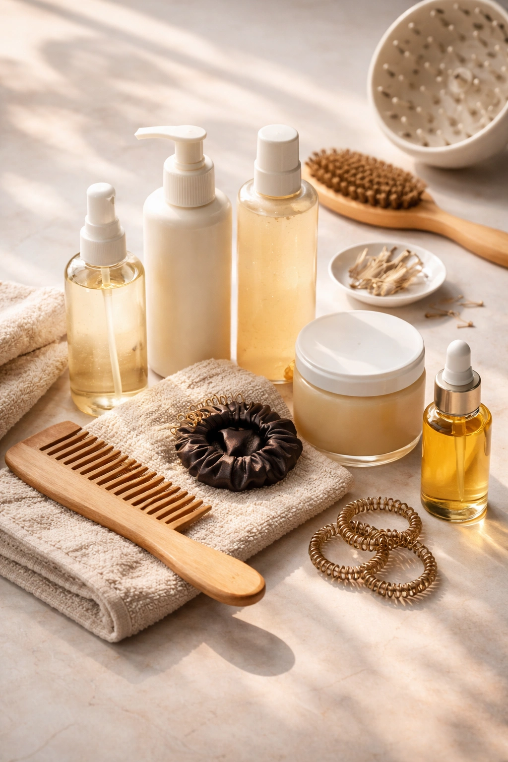 Still life of unlabeled hair products and tools for curly buns
