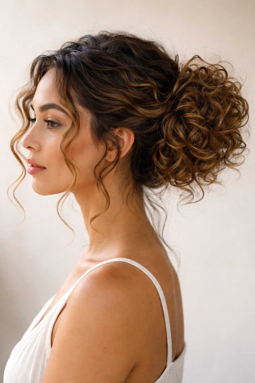 Close-up of a curly textured side messy bun with voluminous curls catching light