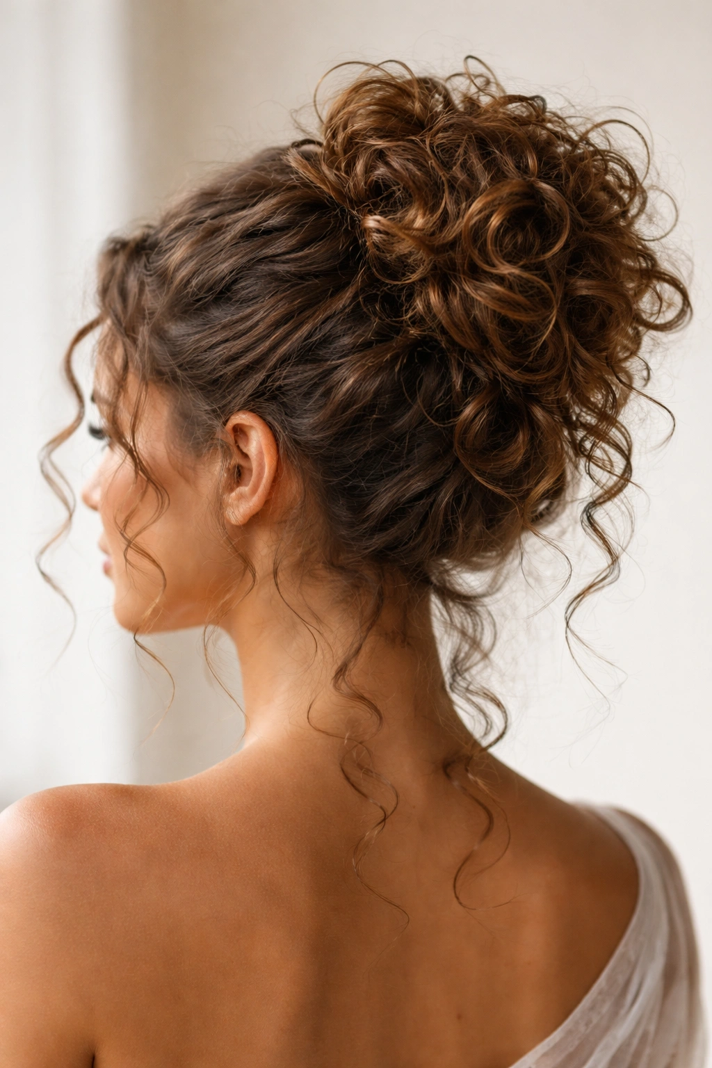 Close-up of a textured messy curly bun with voluminous curls