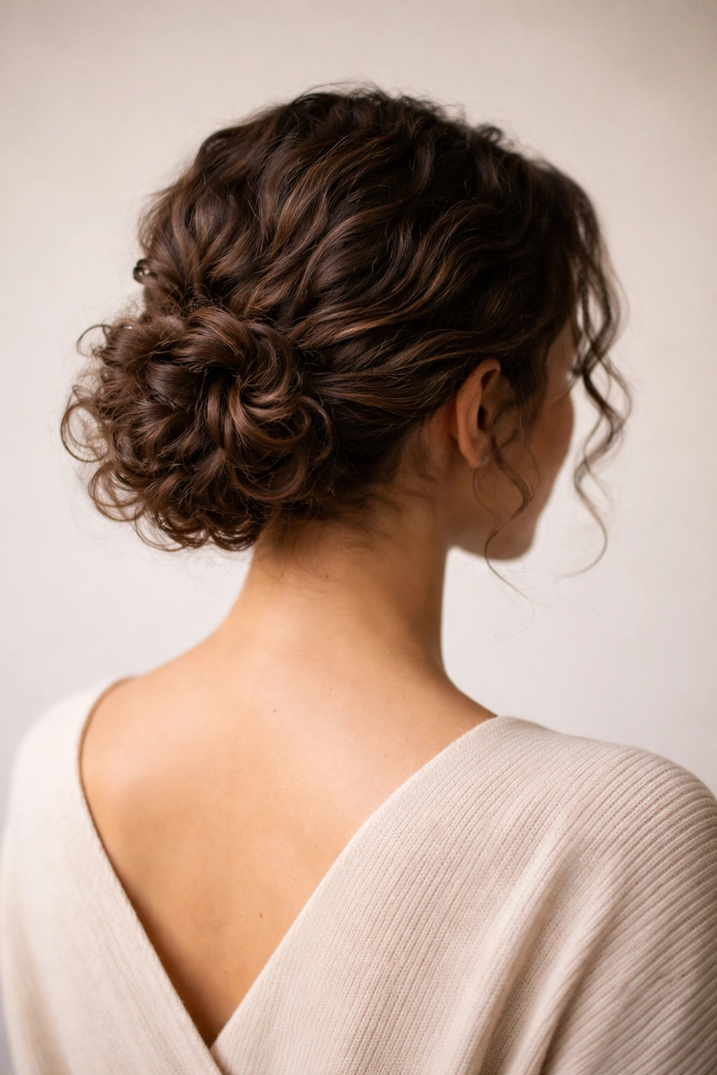 Back-three-quarter view of a low curly chignon at the nape with defined sections