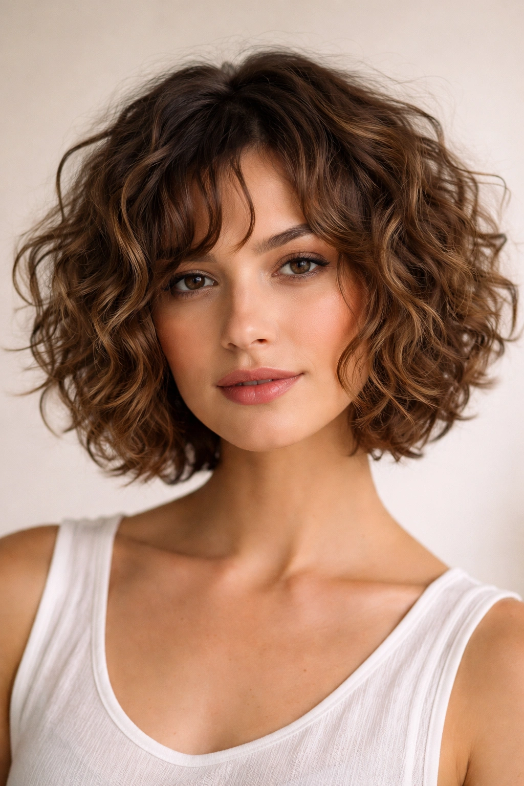 Front view of curly choppy bob with textured uneven layers