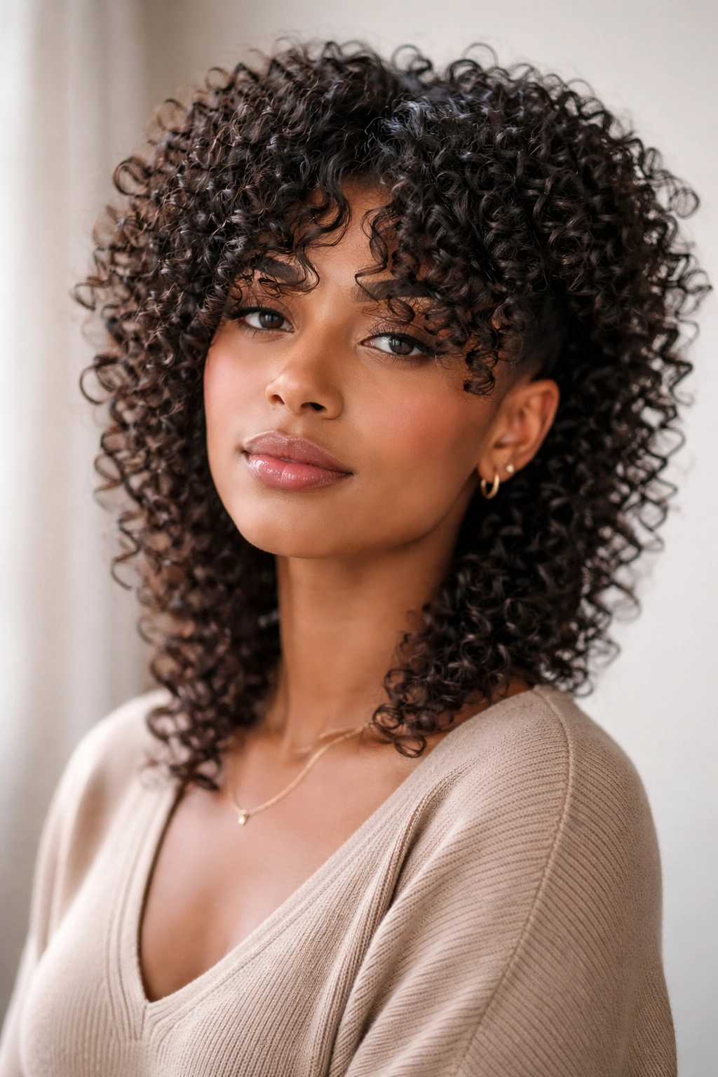 Front portrait of tight curly coils with fade and curtain bangs