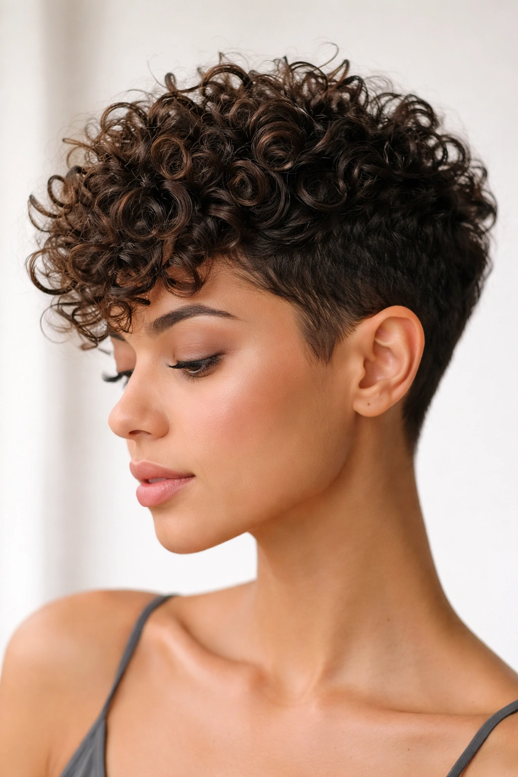 Ultra-short curly crop with voluminous crown curls