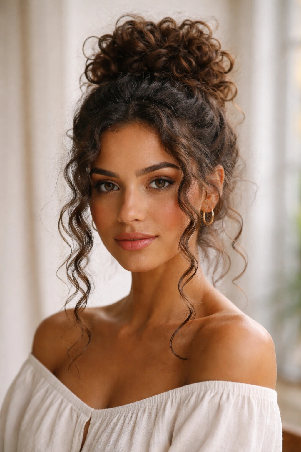 Crown bun at the crown with front face-framing curls