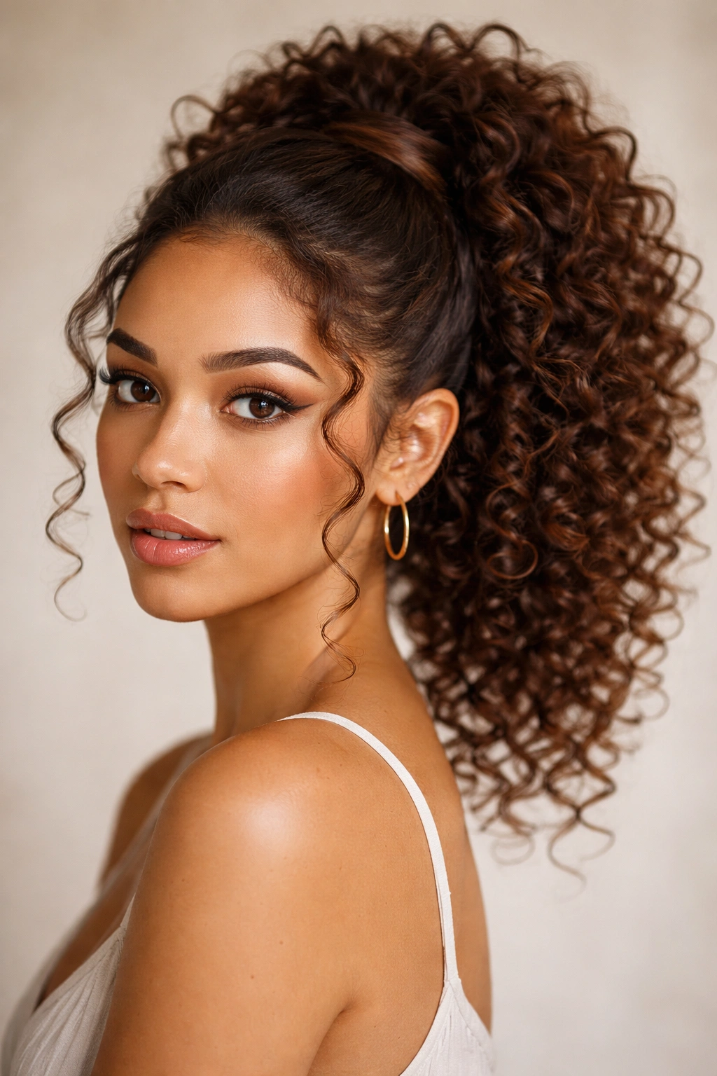 Front view of a curly crown ponytail wrapping around the head