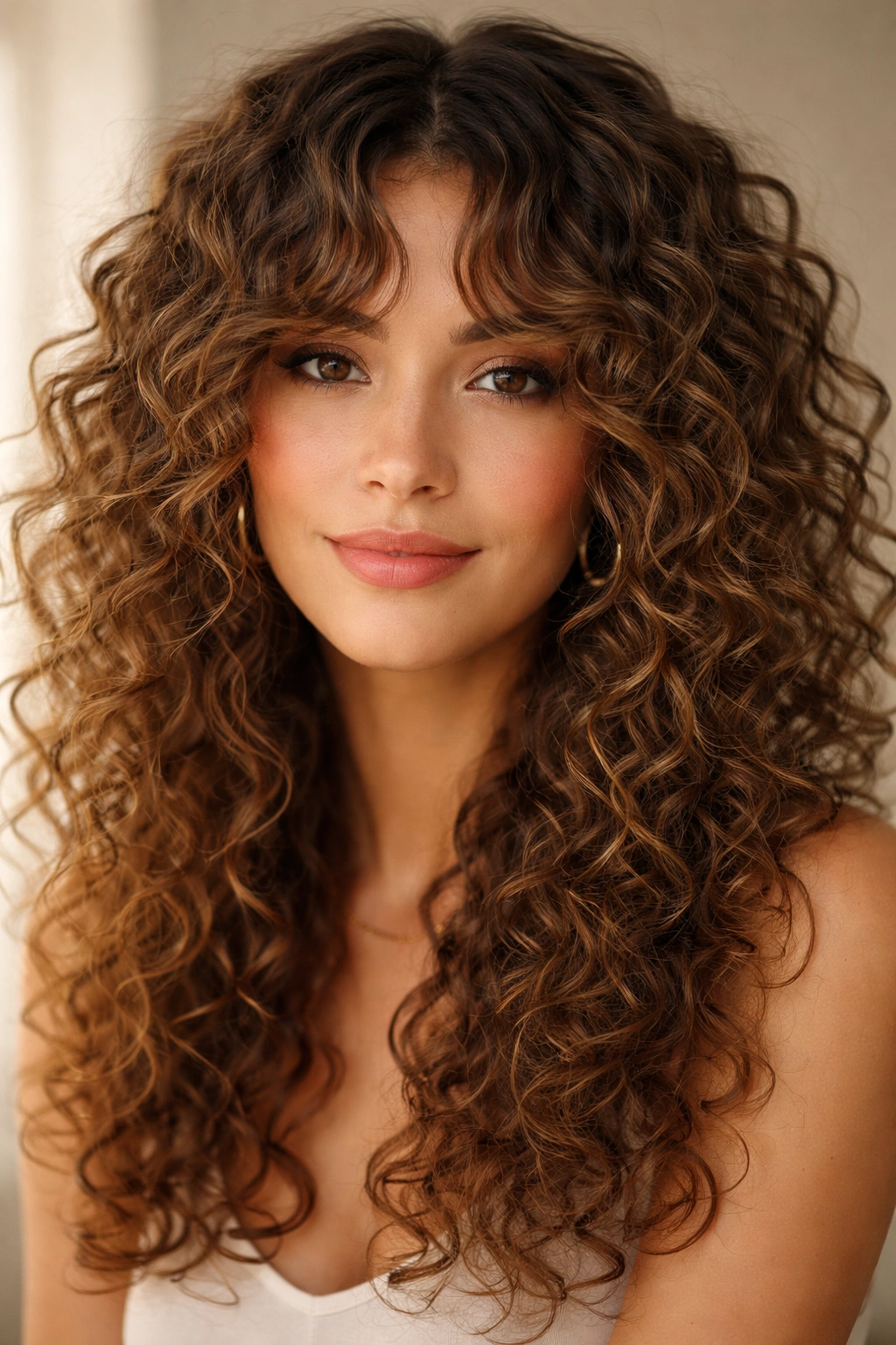 Close-up of Curly Curtain Bangs blending into curls with center part