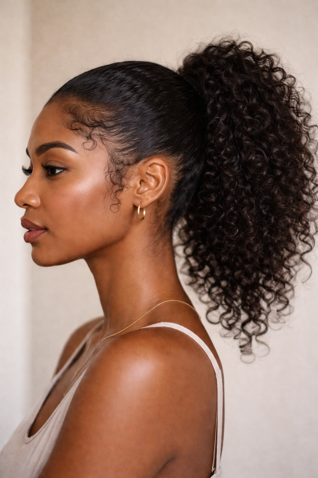 Ponytail showing curly textured edges around face