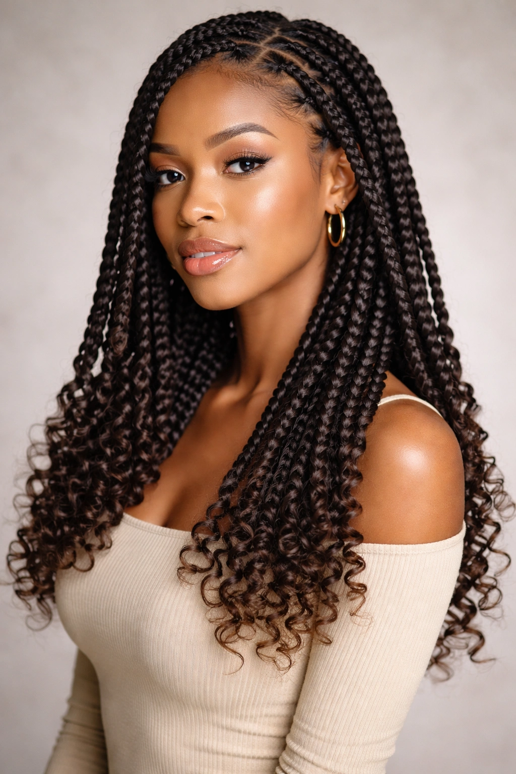Box braids with curly ends blooming at tips