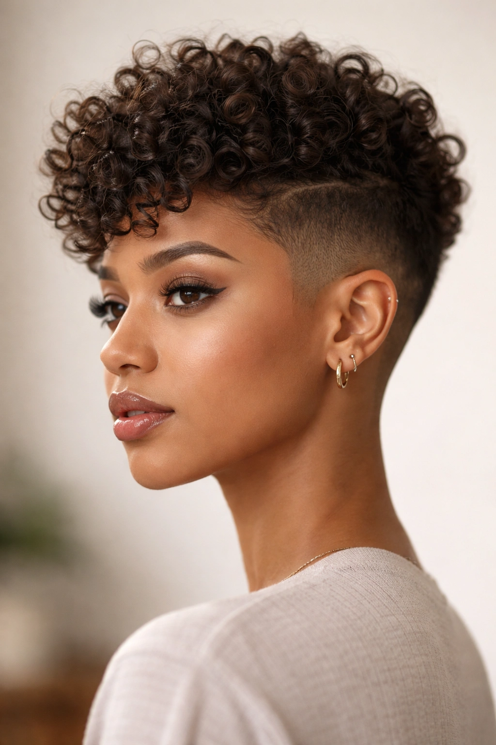 Front three-quarter view of a curly fade with top curls and a shaved side fade.