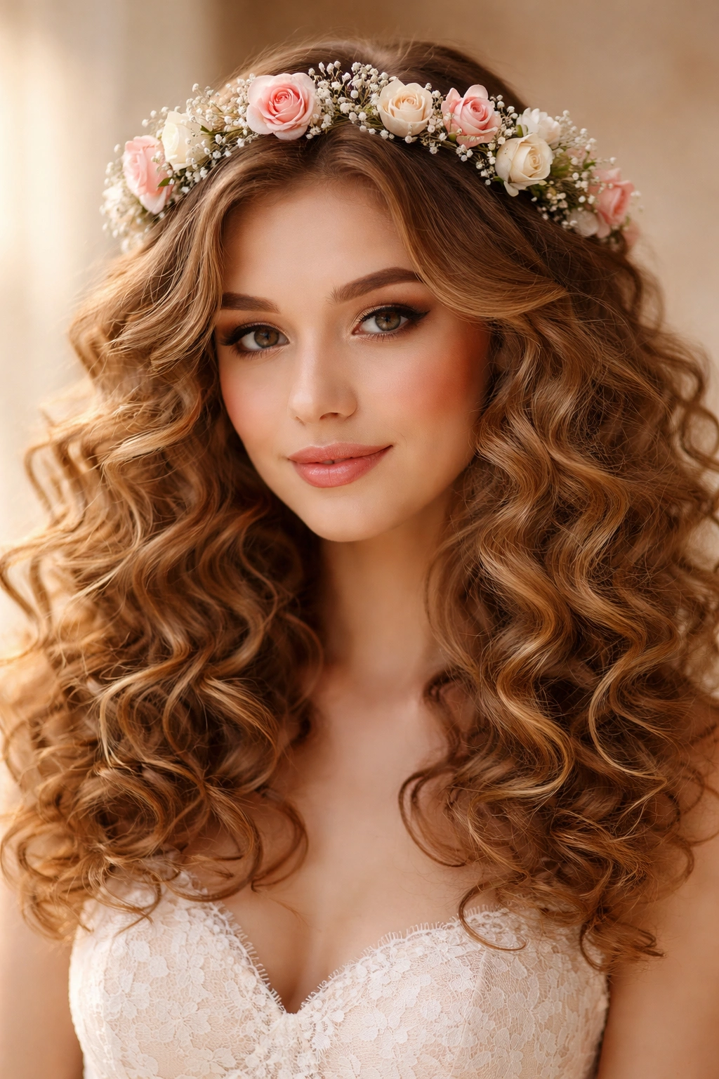 Head-on view of bouncy curls with a flower crown
