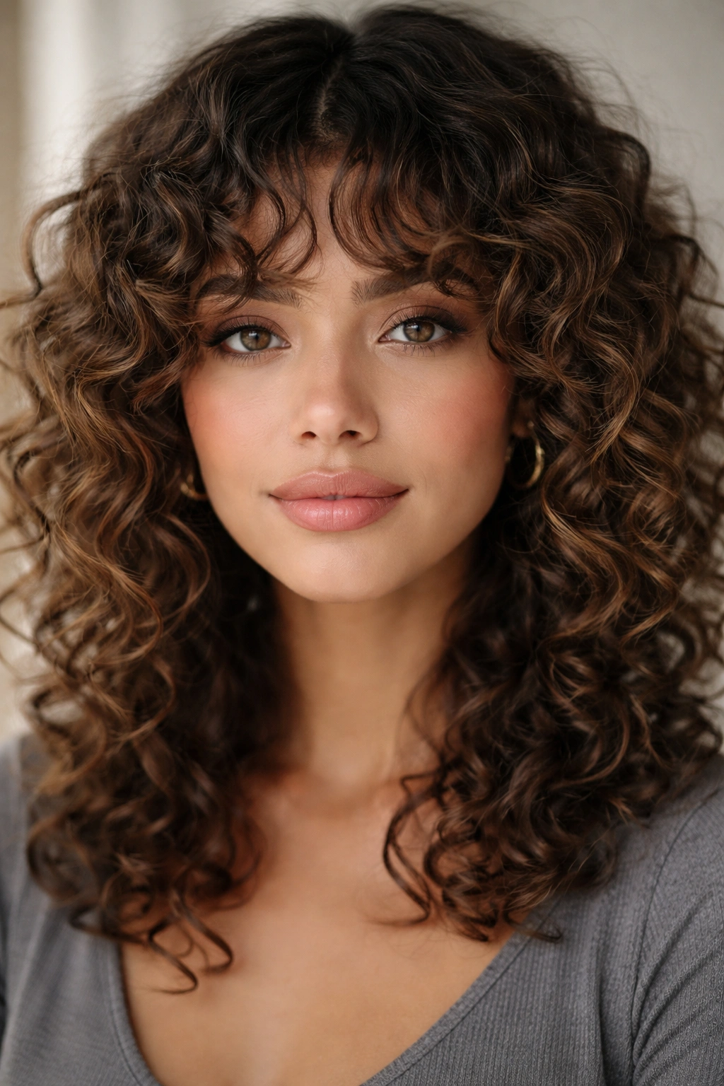 Close-up portrait of a person with curly fringe and bangs framing the forehead