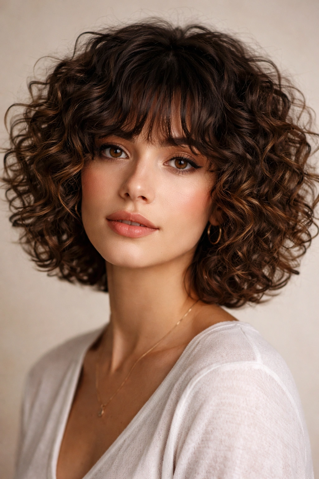 Close-up of a curly fringe bob with bold bangs, showcasing curl texture