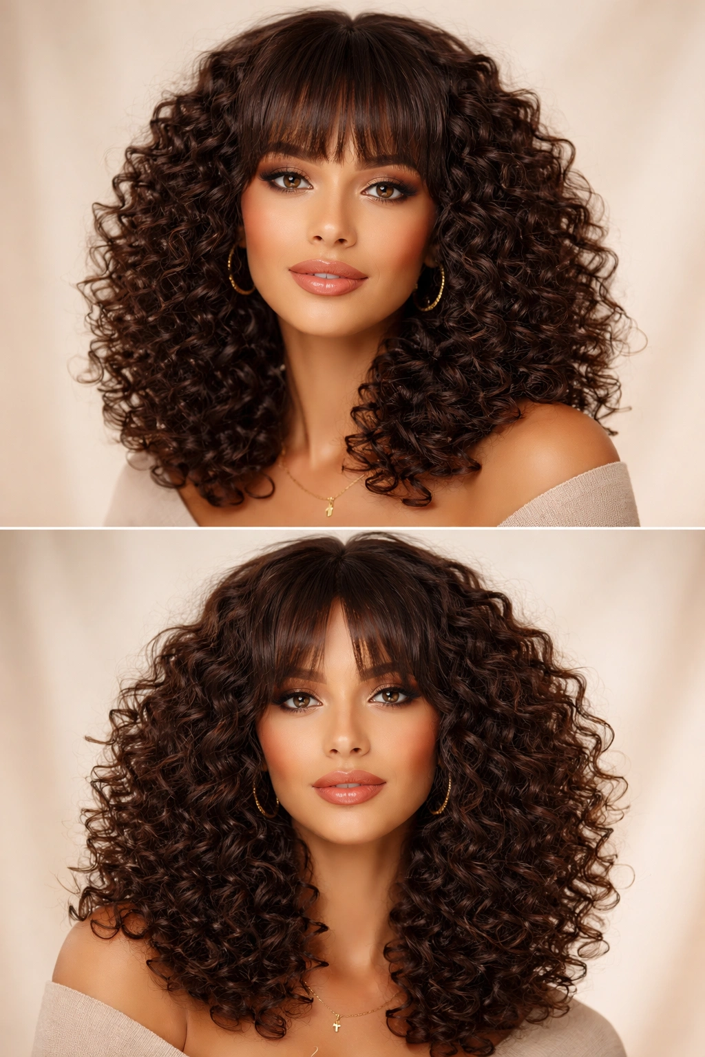 Curly fringe wig with a defined fringe framing the face