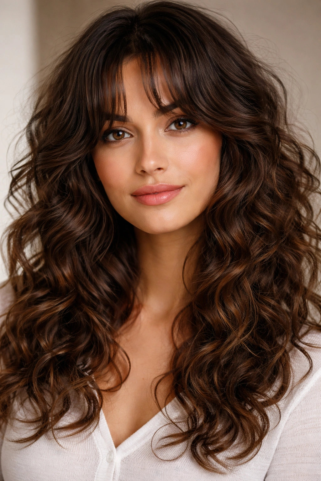Close-up portrait of curtain bangs with loose waves framing the face