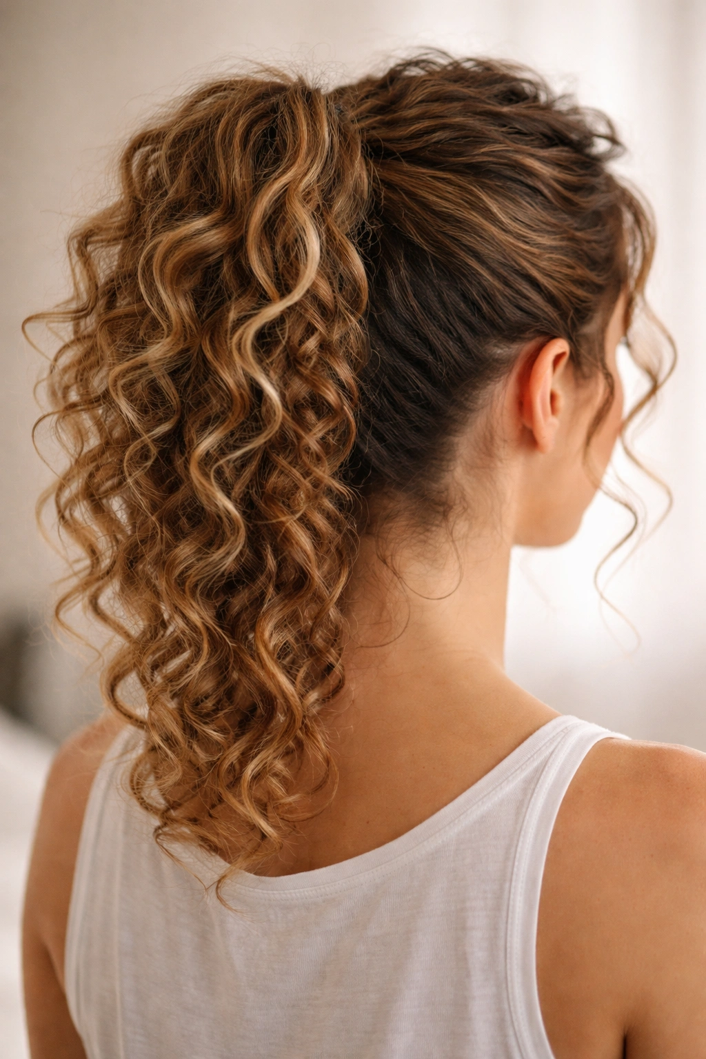 Back view of braided ponytail updo on curly hair
