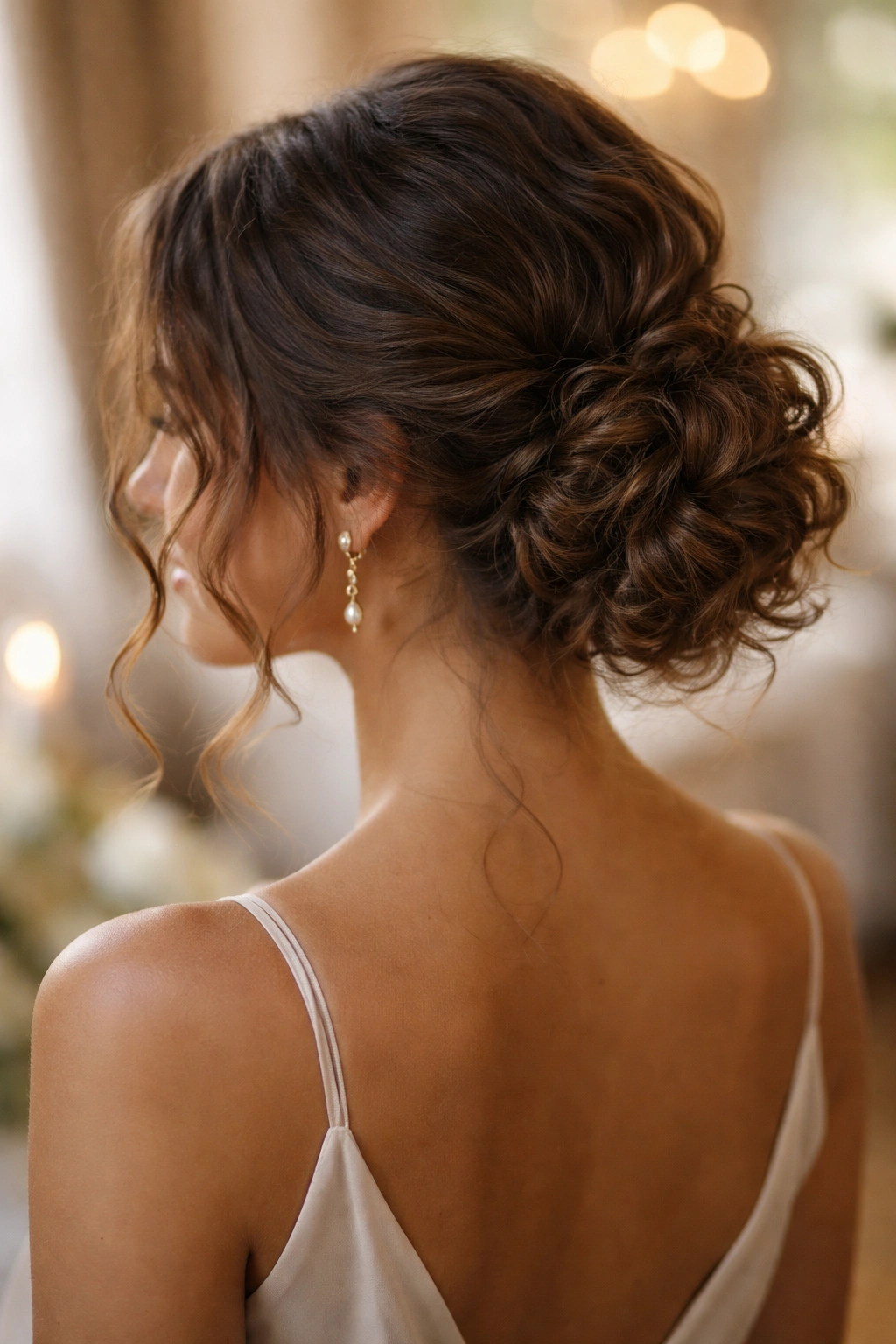 Close-up of a bridesmaid with a low textured bun and wispy face-framing curls