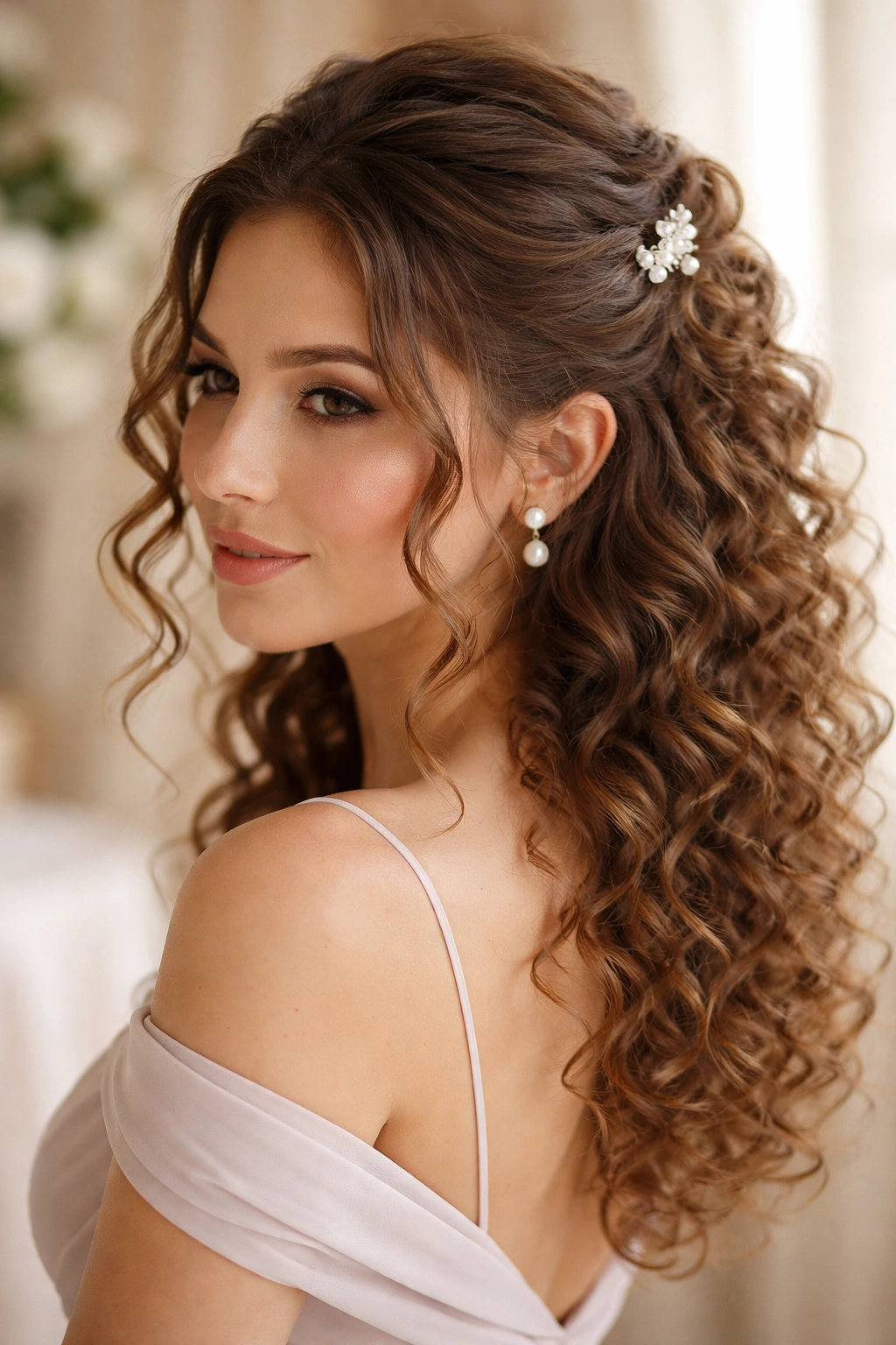 Close-up of a bridesmaid with a textured half-up hairstyle and face-framing curls
