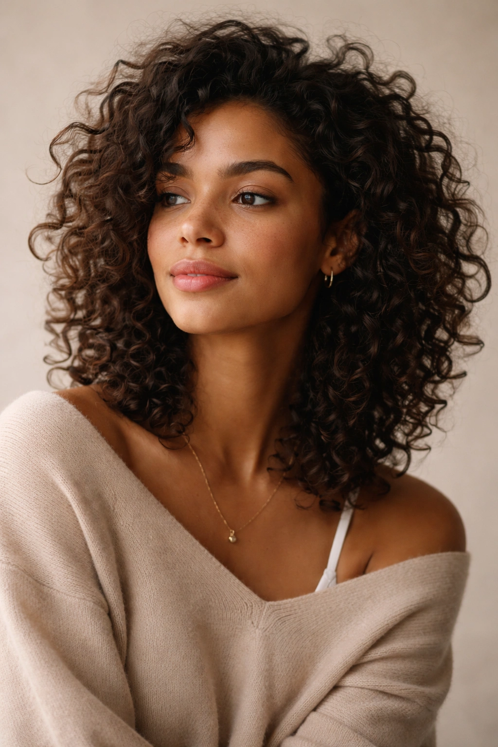 Contemplative portrait of a person with curly hair