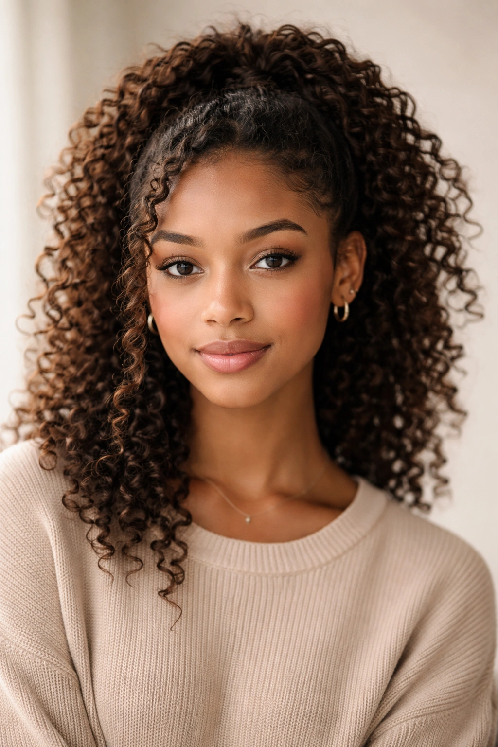 Confident student with natural curly hair in studio portrait