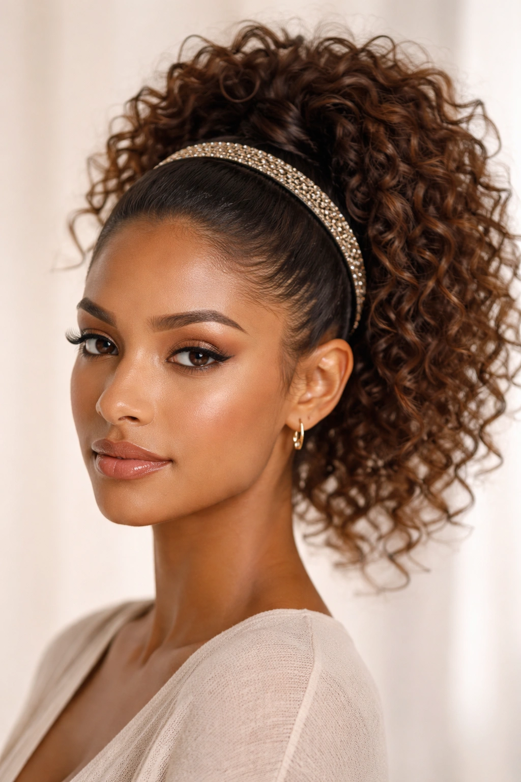 Close-up of curly hair in a high pony with a decorative metallic headband