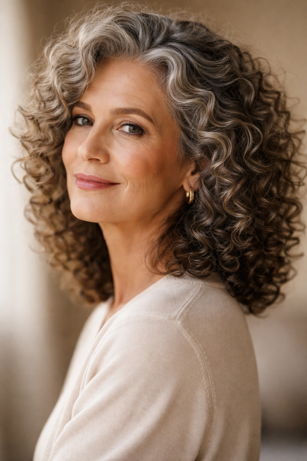 Close-up portrait of a mature woman with curly hair in a soft studio setting