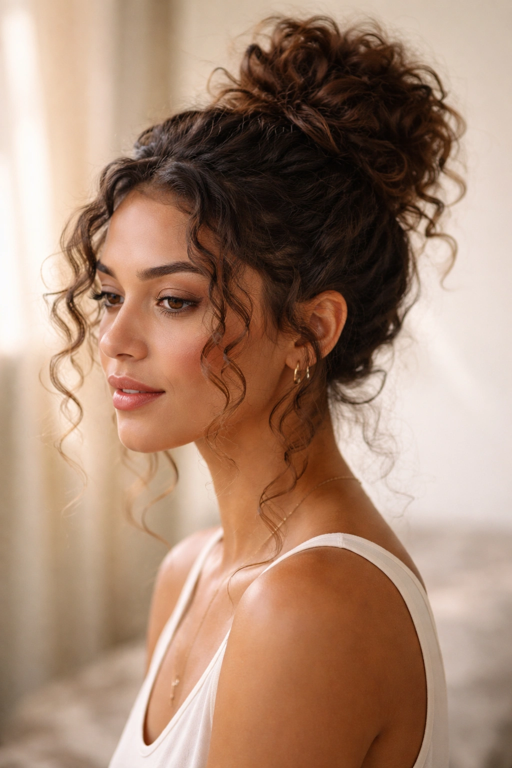 Close-up of curly hair in a messy bun with face-framing curls