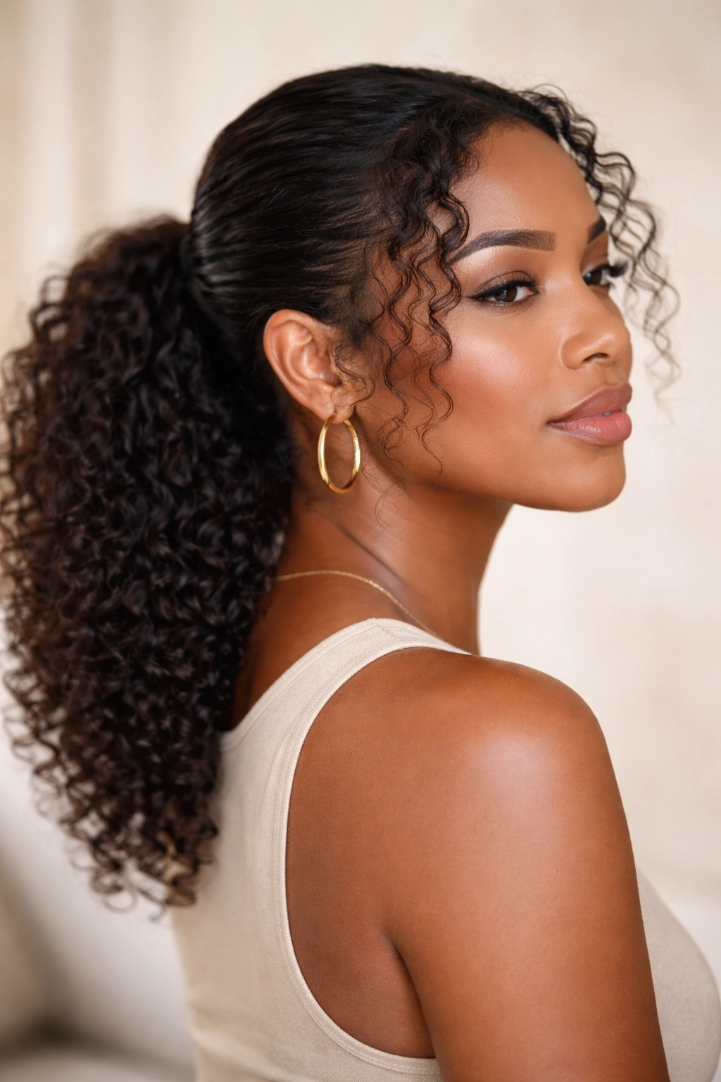 Close-up portrait of curly hair in a sleek low ponytail under soft studio lighting