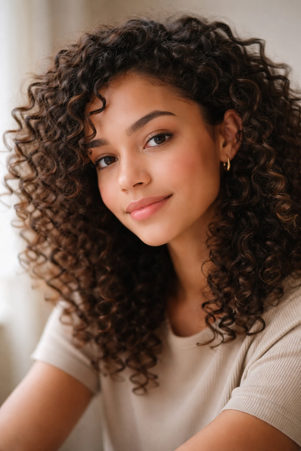 Close-up portrait of a person with curly hair in a thoughtful pose
