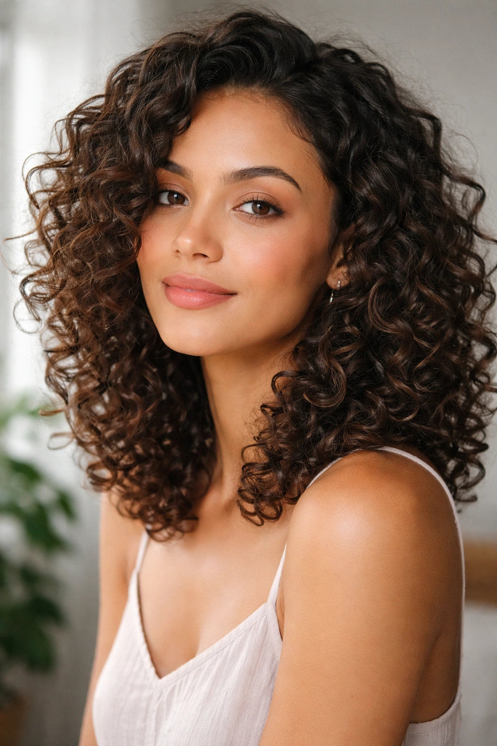 Close-up portrait of a person with medium-length curly hair highlighting natural curls under soft studio lighting