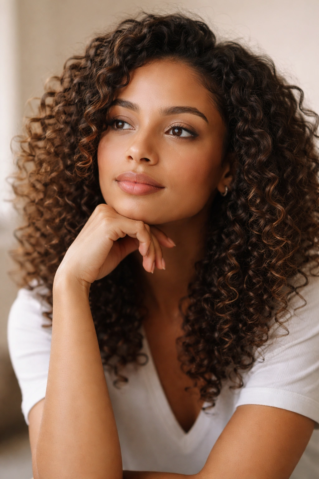 Thoughtful portrait of a person with curly hair in a minimal studio with soft lighting