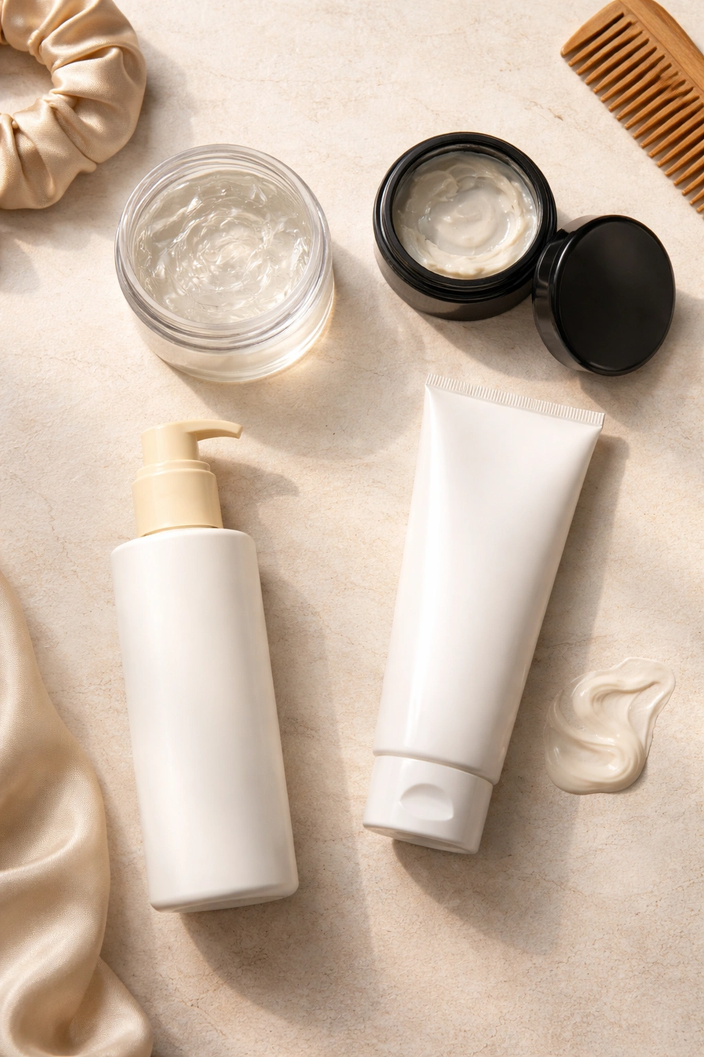 Four unlabeled curly-hair products arranged for sleek ponytails on a clean surface