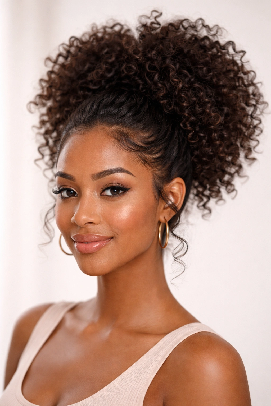 Close-up portrait of a high-volume curly puff ponytail with defined curls at the crown