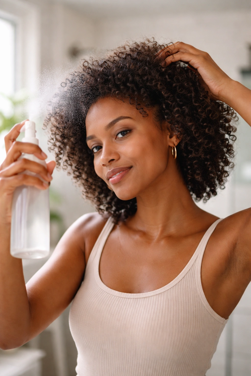 Close-up of a person refreshing curly hair with mist to revive definition on edges and crown.