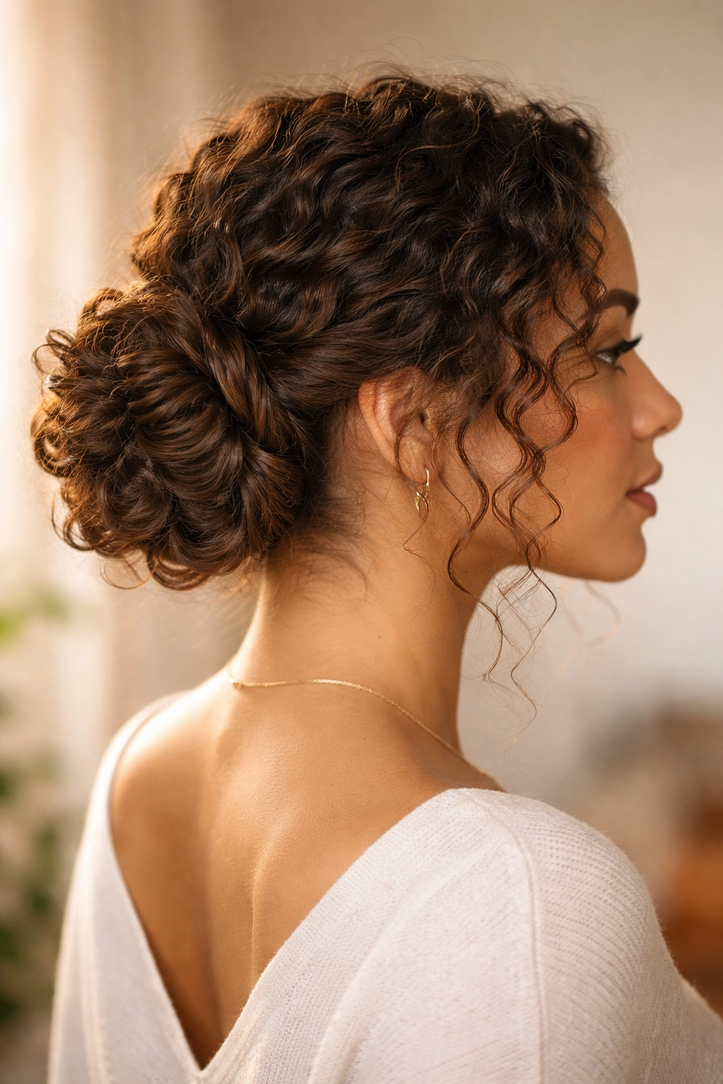Profile view of twisted side bun on curly hair