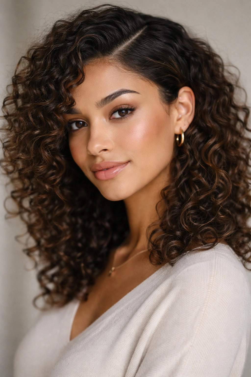 Close-up of curly hair with a deep side part and tucked section behind the ear
